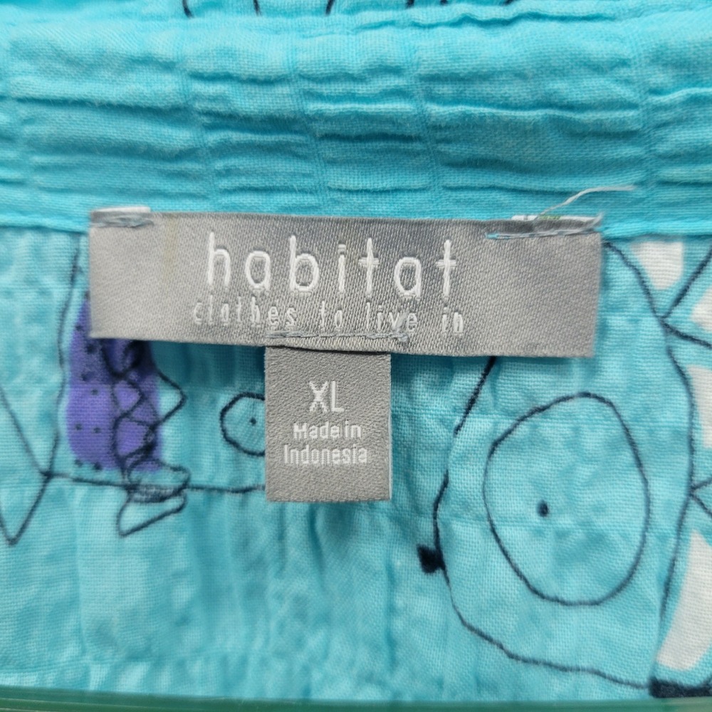 Habitat Blue Fish Print Crinkle Button Up Shirt XL Quirky Art Lagenlook Funky - Picture 6 of 8